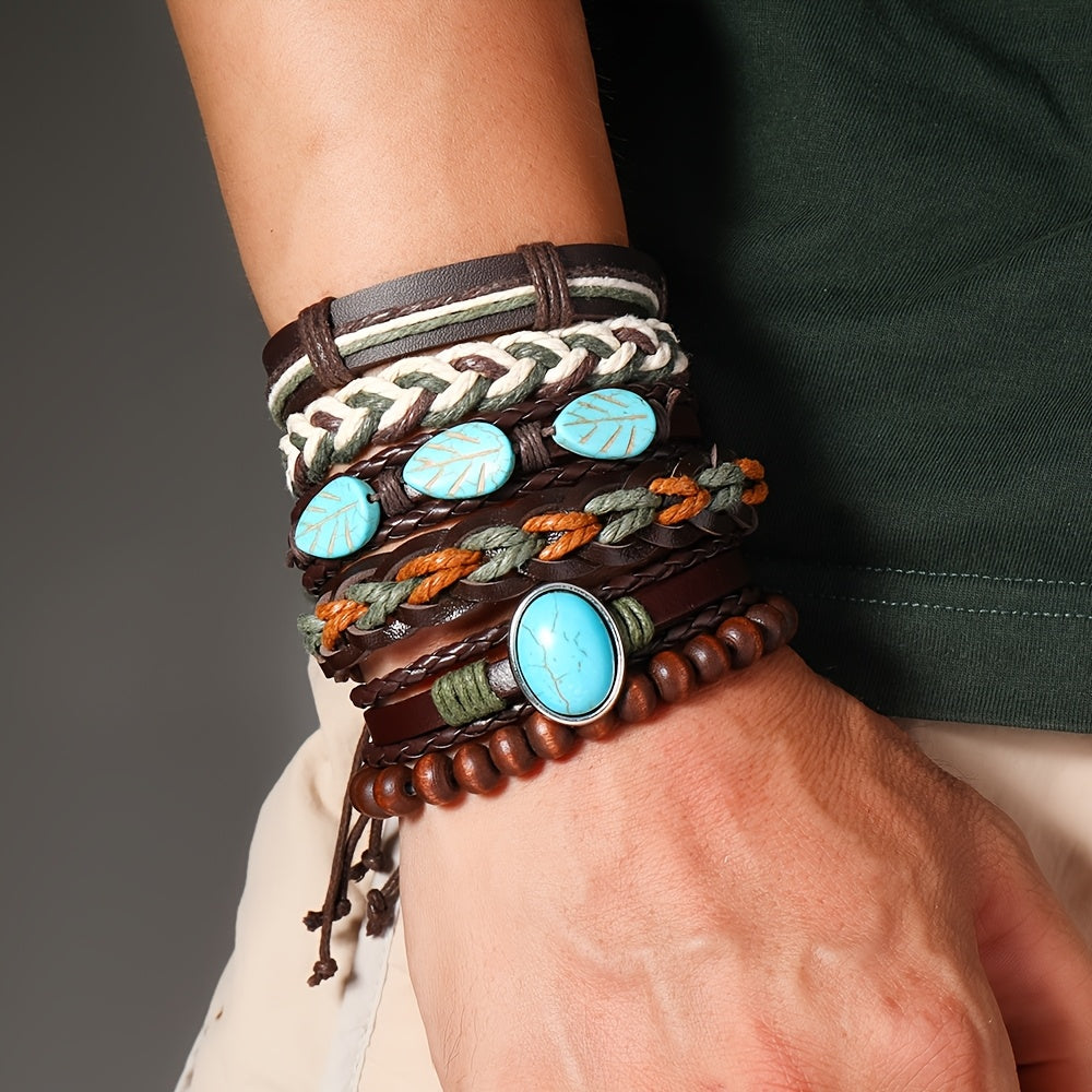 12/32/48pcs Bohemian Vintage Western Pu Leather & Turquoise Beaded Bracelet Set, Faux Leather Bangle