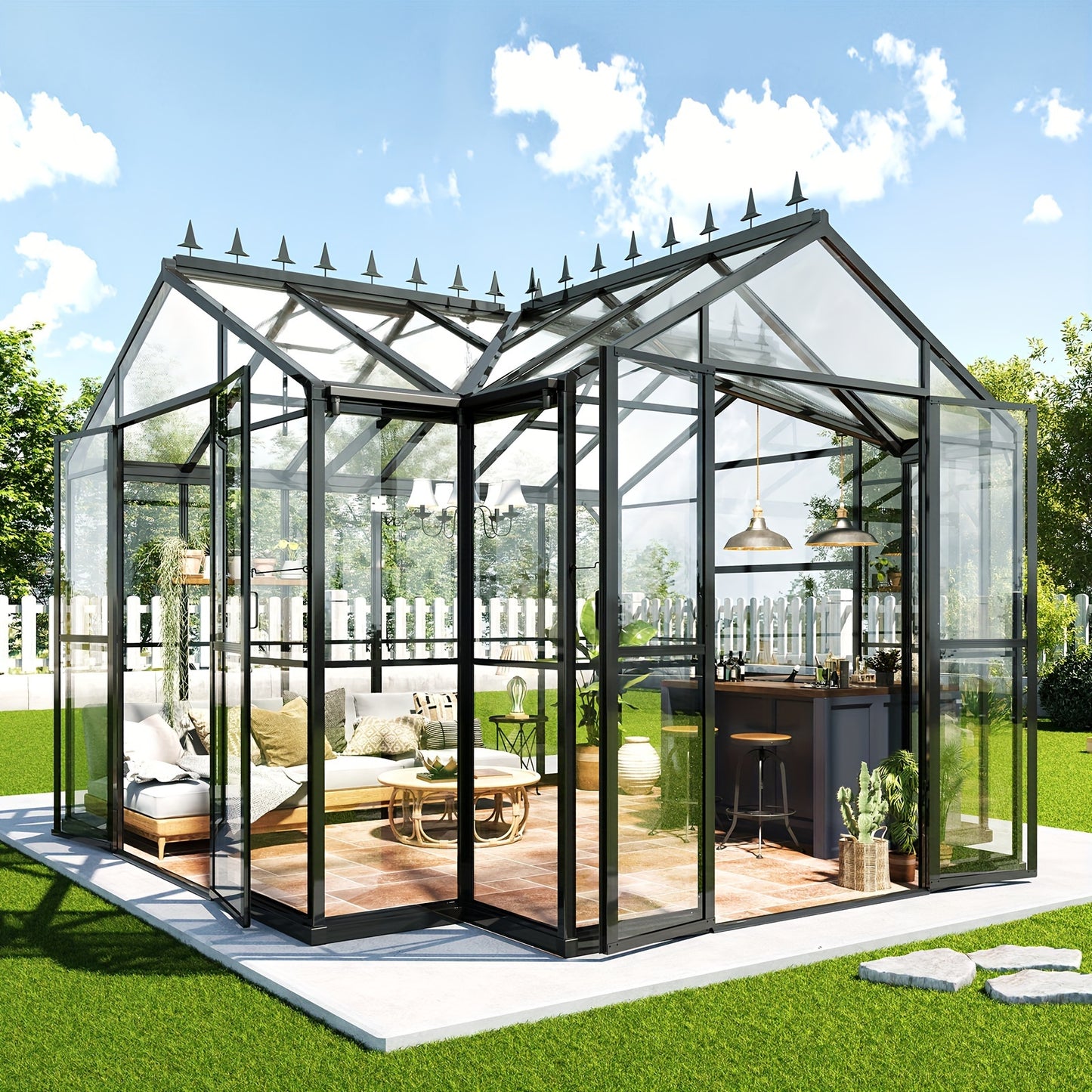 PAPABABE Greenhouse 12x10x8ft Aluminum Frame/Quick-Connect/2 Hinged Doors/Vents, Garden Houses