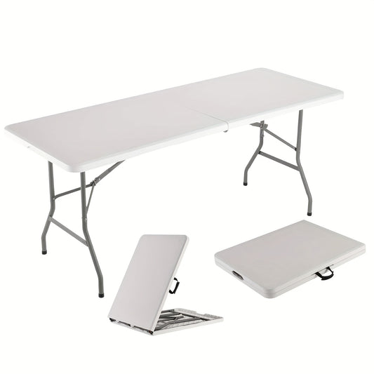 4ft/6ft Rectangle Center-Folding Portable Table for Work, Picnics, Camping, w/Carrying Handle