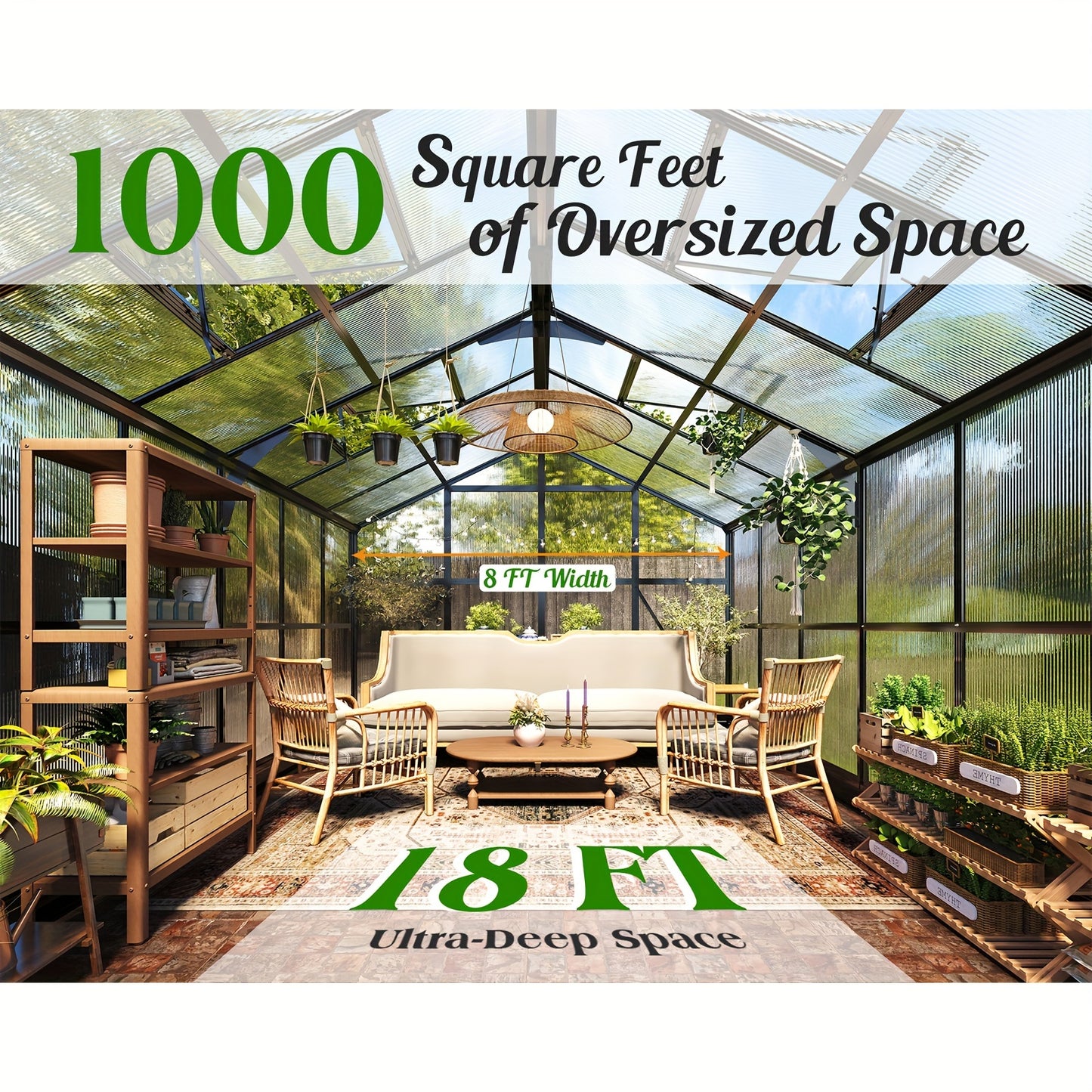 Premium 8x18FT Polycarbonate Greenhouse/Quick-Connect, Aluminum Construction/2 Swing Doors