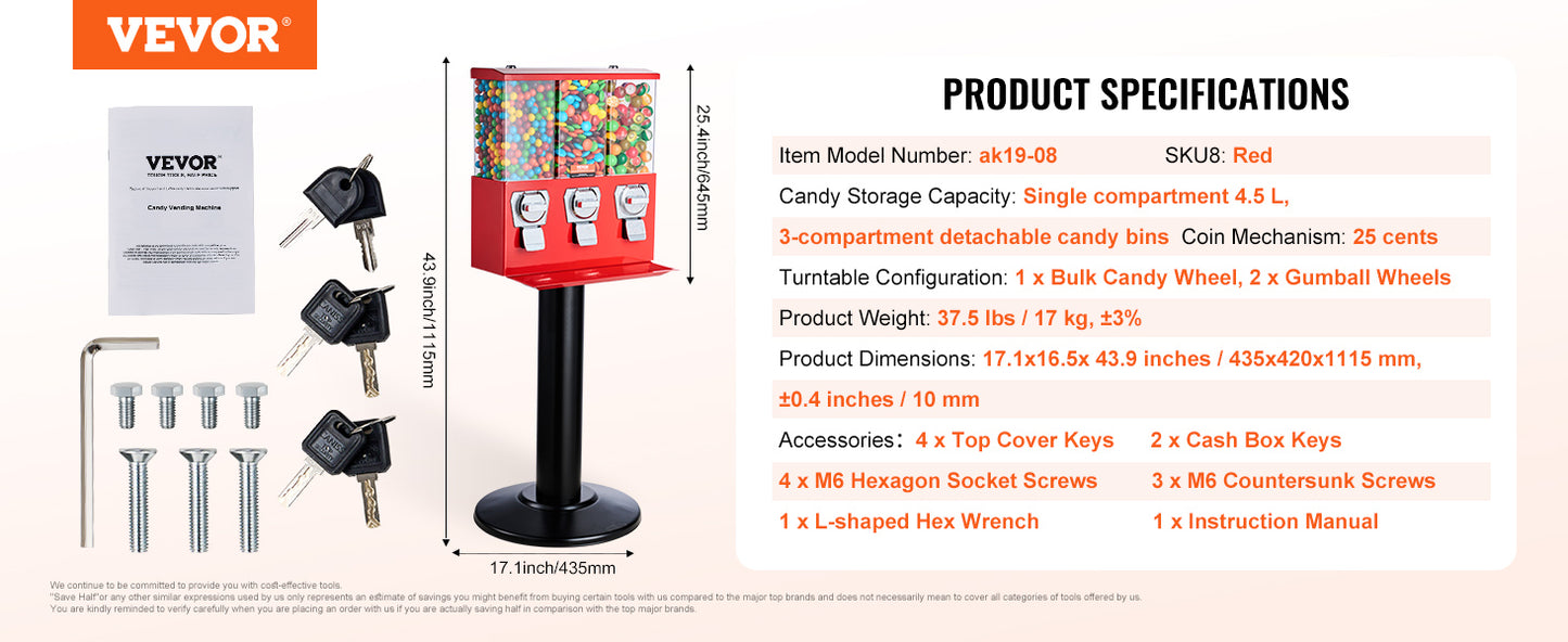 VEVOR Commercial Candy Vending Machine Four Compartment Rotatable 25 Cent Coin For Toy Capsules