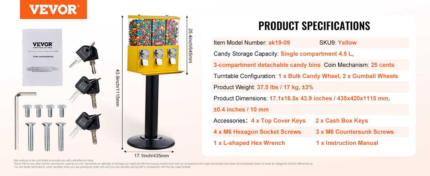 VEVOR Commercial Candy Vending Machine Four Compartment Rotatable 25 Cent Coin For Toy Capsules