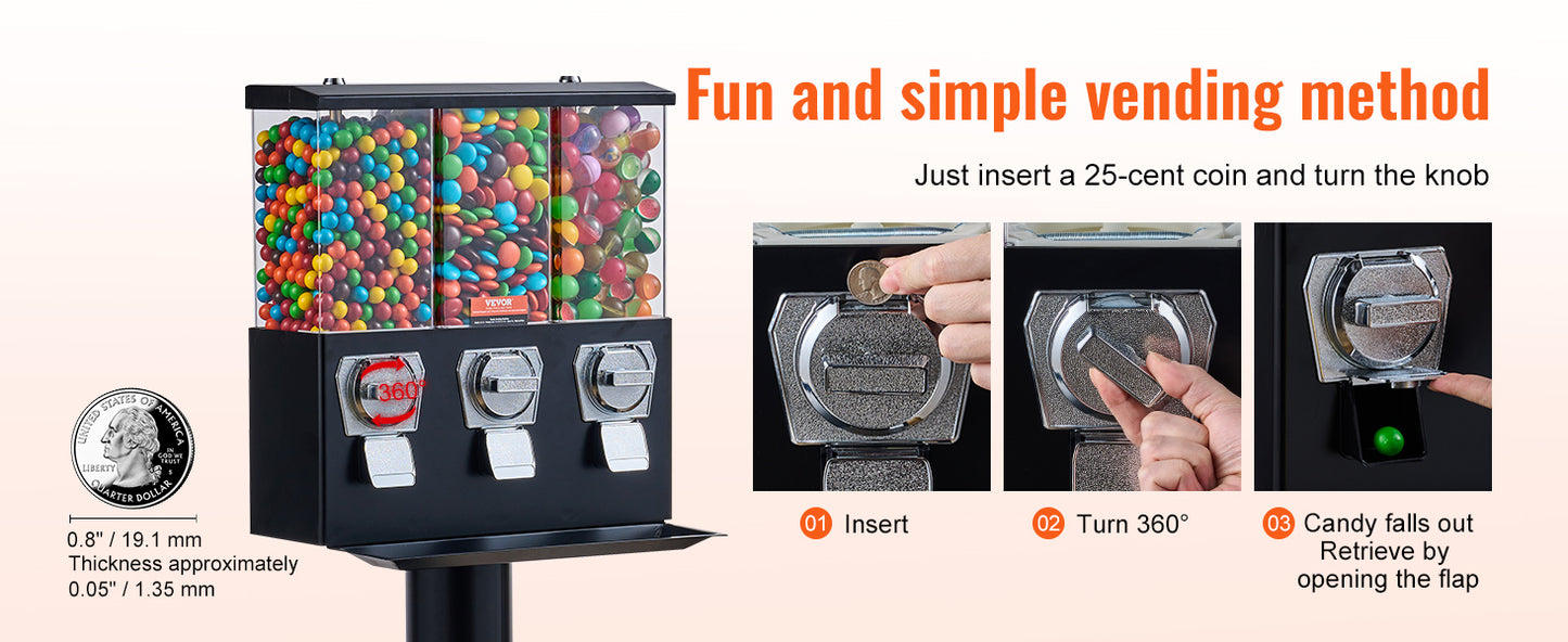 VEVOR Commercial Vending Machine Triple Compartment Candy Dispenser Gumball Bank  for Business