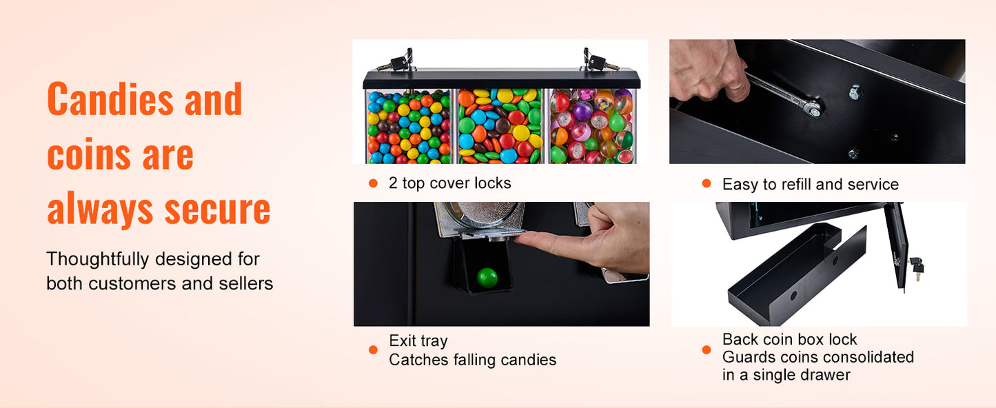 VEVOR Commercial Vending Machine Triple Compartment Candy Dispenser Gumball Bank  for Business