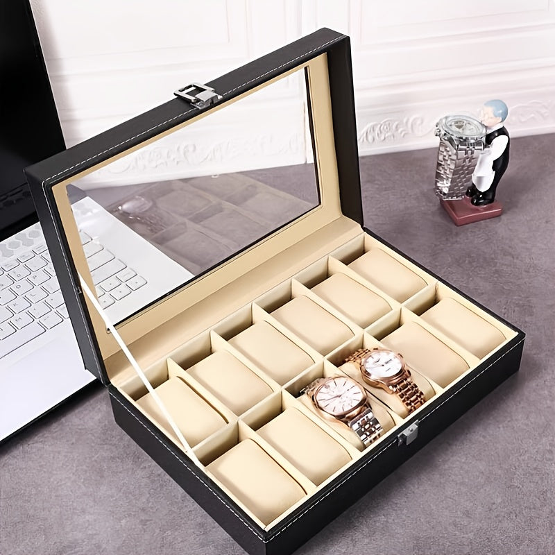 1pc Black Faux Leather Watch Box, Square Flip Display Box For 10/12 Slots, Elegant Watch Organizer