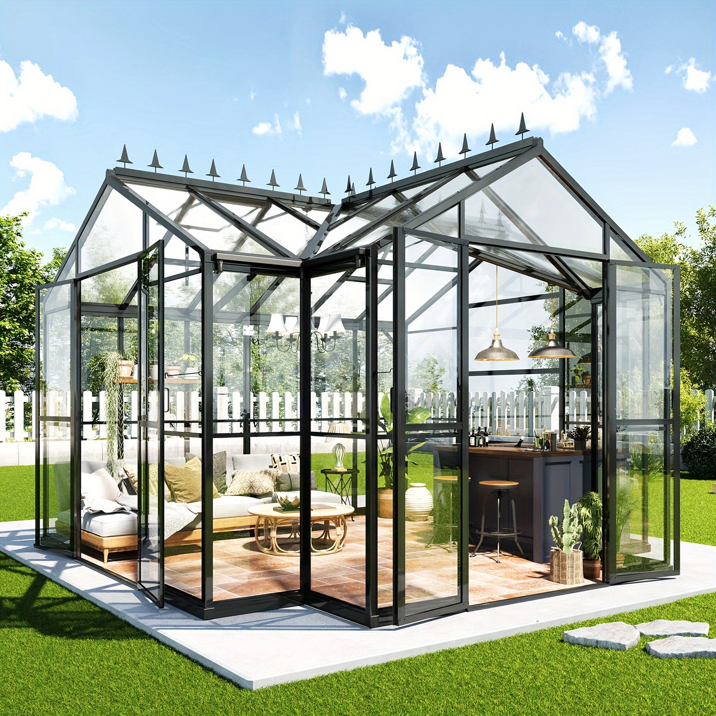 PAPABABE Greenhouse 12x10x8ft Aluminum Frame/Quick-Connect/2 Hinged Doors/Vents, Garden Houses