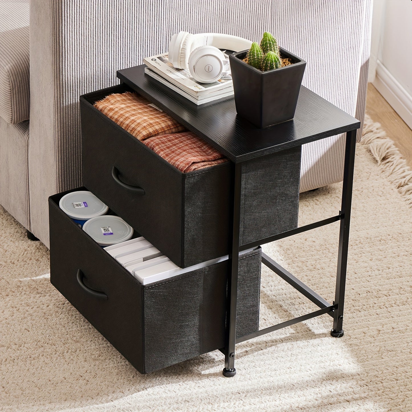 Nightstand Set of 2 with 2 Storage Drawers, 20" Height Wooden Top Fabric Cabinet /Mini Dresser