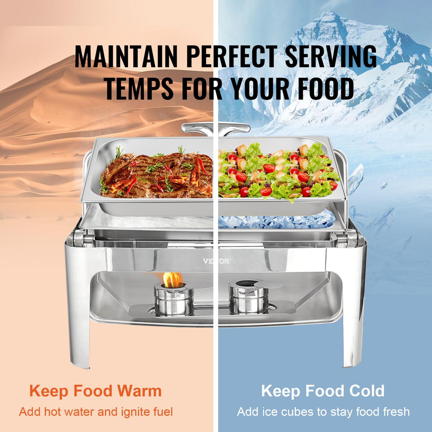 VEVOR 9QT Roll-top Chafing Dish Buffet Stainless Steel w/2 Half Pans Rectangle Catering Warmer