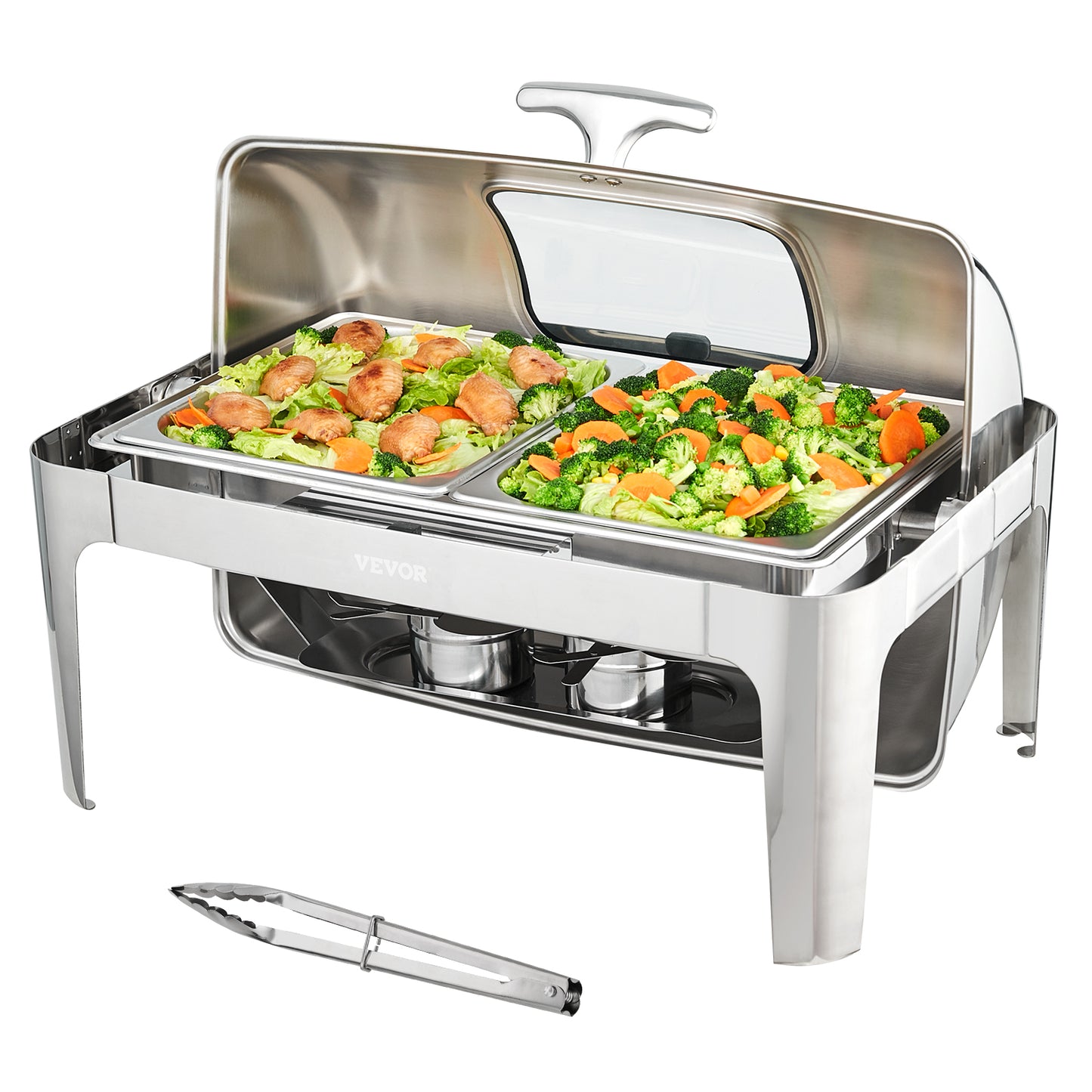 VEVOR 9QT Roll-top Chafing Dish Buffet Stainless Steel w/2 Half Pans Rectangle Catering Warmer