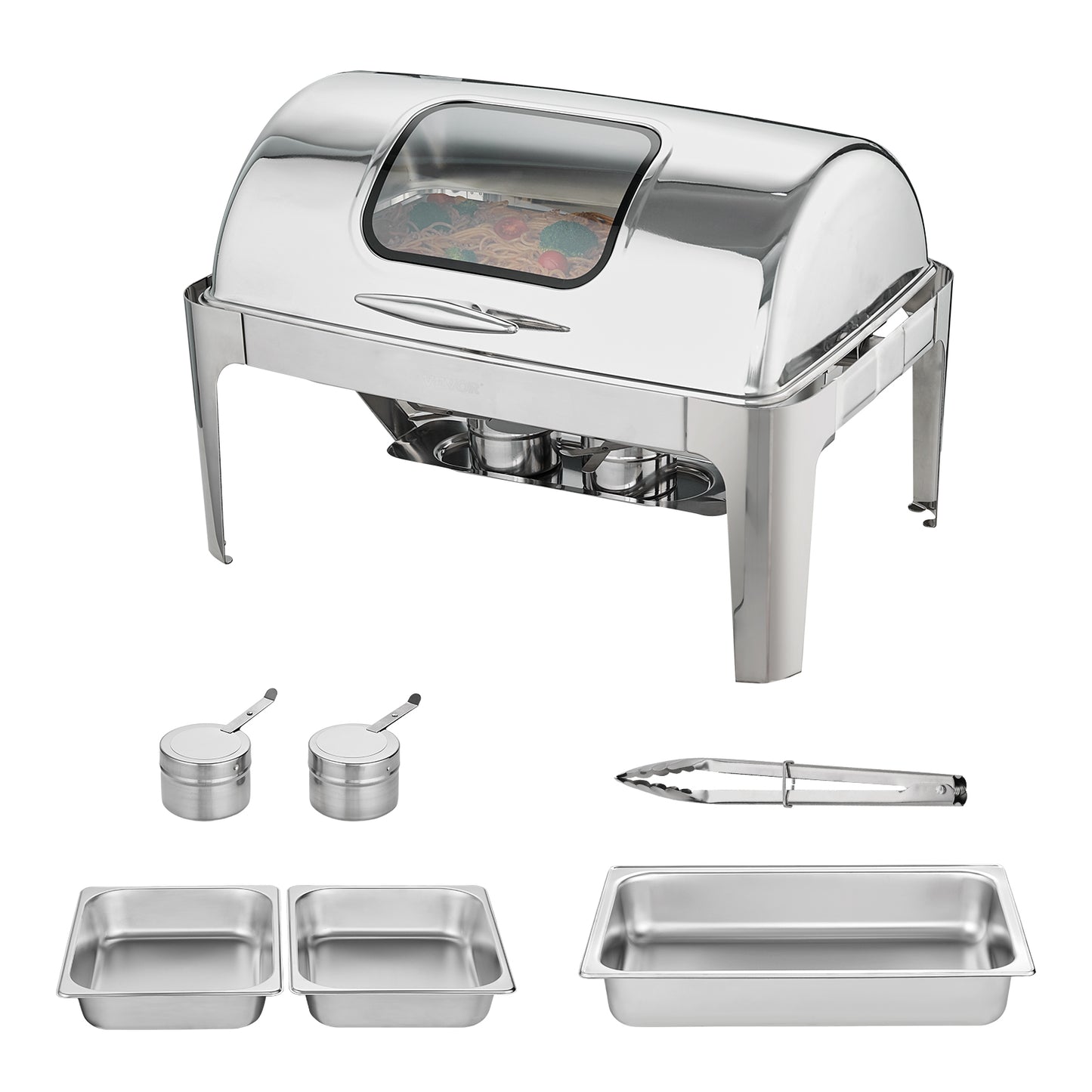 VEVOR 9QT Roll-top Chafing Dish Buffet Stainless Steel w/2 Half Pans Rectangle Catering Warmer