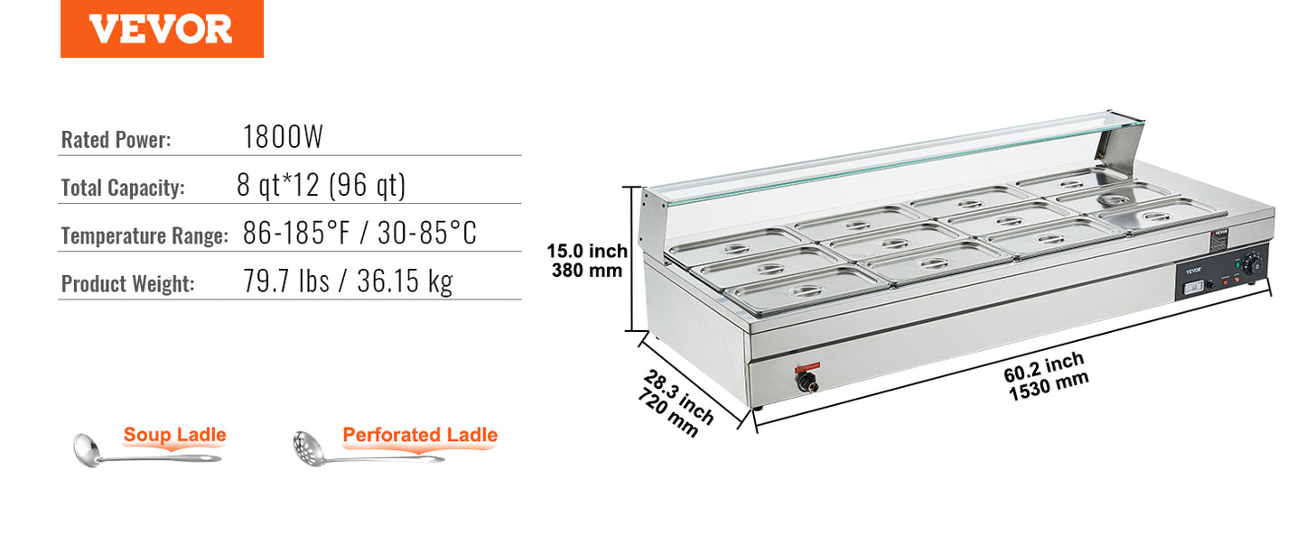 VEVOR Commercial Electric Soup Food Warmer with 3/6/10/12 Pans Stainless Steel Bain Marie Buffet