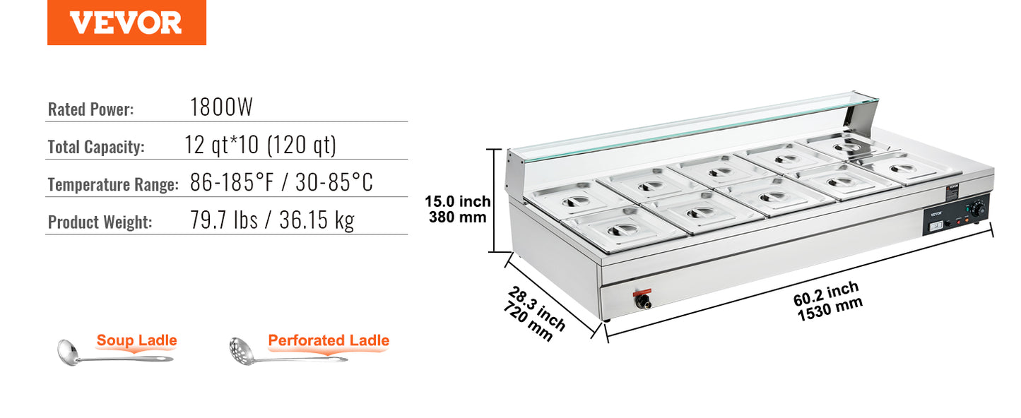 VEVOR Commercial Electric Soup Food Warmer with 3/6/10/12 Pans Stainless Steel Bain Marie Buffet