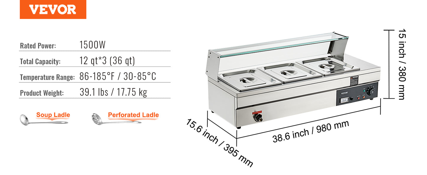 VEVOR Commercial Electric Soup Food Warmer with 3/6/10/12 Pans Stainless Steel Bain Marie Buffet