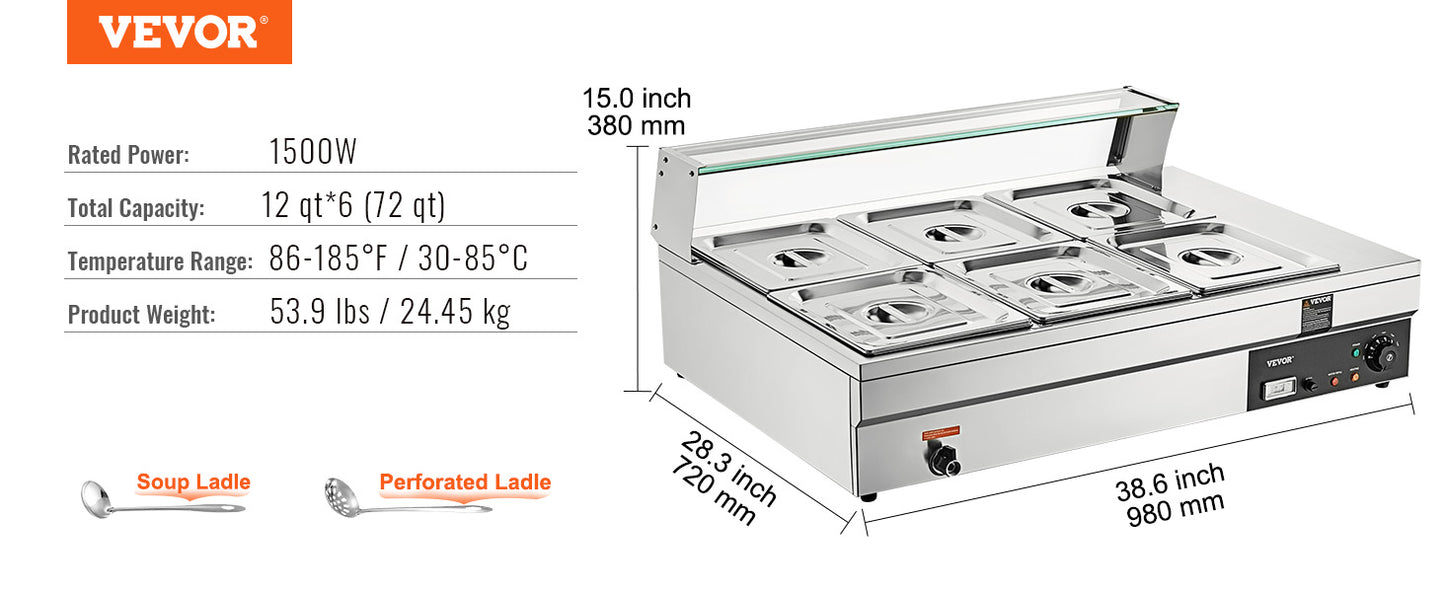 VEVOR Commercial Electric Soup Food Warmer with 3/6/10/12 Pans Stainless Steel Bain Marie Buffet