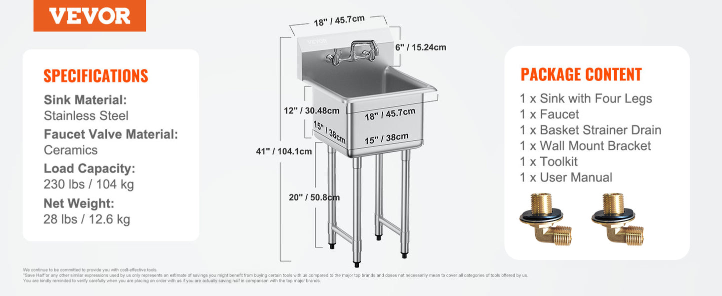 VEVOR Stainless Steel Kitchen Utility Sink 1 Compartment Restaurant Commercial Steel Sink w/Faucet