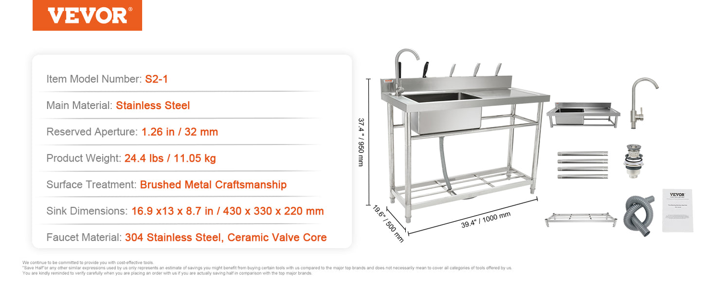 VEVOR Free Standing Stainless-Steel Single Bowl Commercial Restaurant Kitchen Sink Set w/Faucet