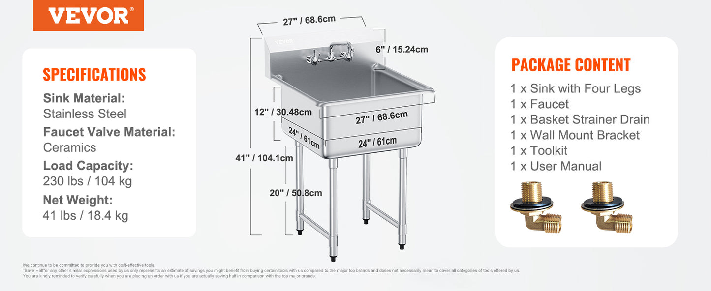 VEVOR Stainless Steel Kitchen Utility Sink 1 Compartment Restaurant Commercial Steel Sink w/Faucet