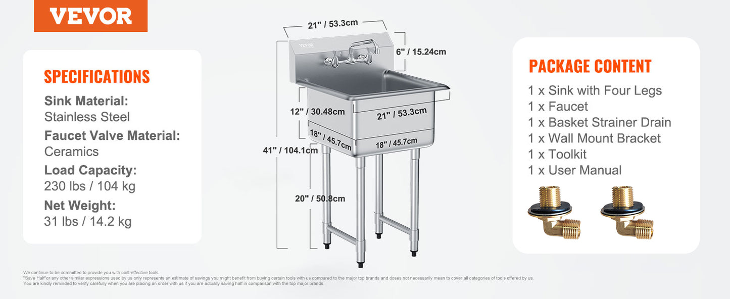 VEVOR Stainless Steel Kitchen Utility Sink 1 Compartment Restaurant Commercial Steel Sink w/Faucet