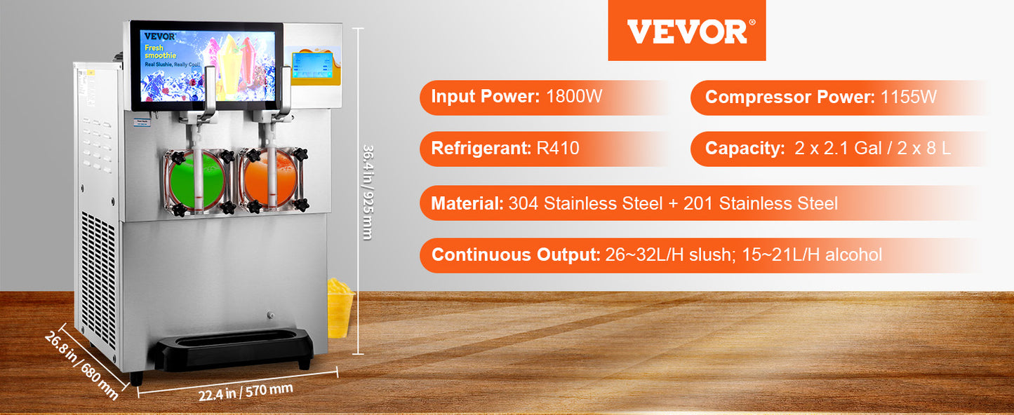 VEVOR Commercial Slushy Machine 8L / 2.1 Gal Double Bowl Margarita Machine Smoothie Drink Maker