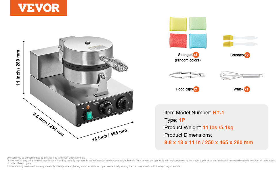 VEVOR Commercial Waffle 1230W Round Belgian Waffle Baker Non-Stick Stainless Steel