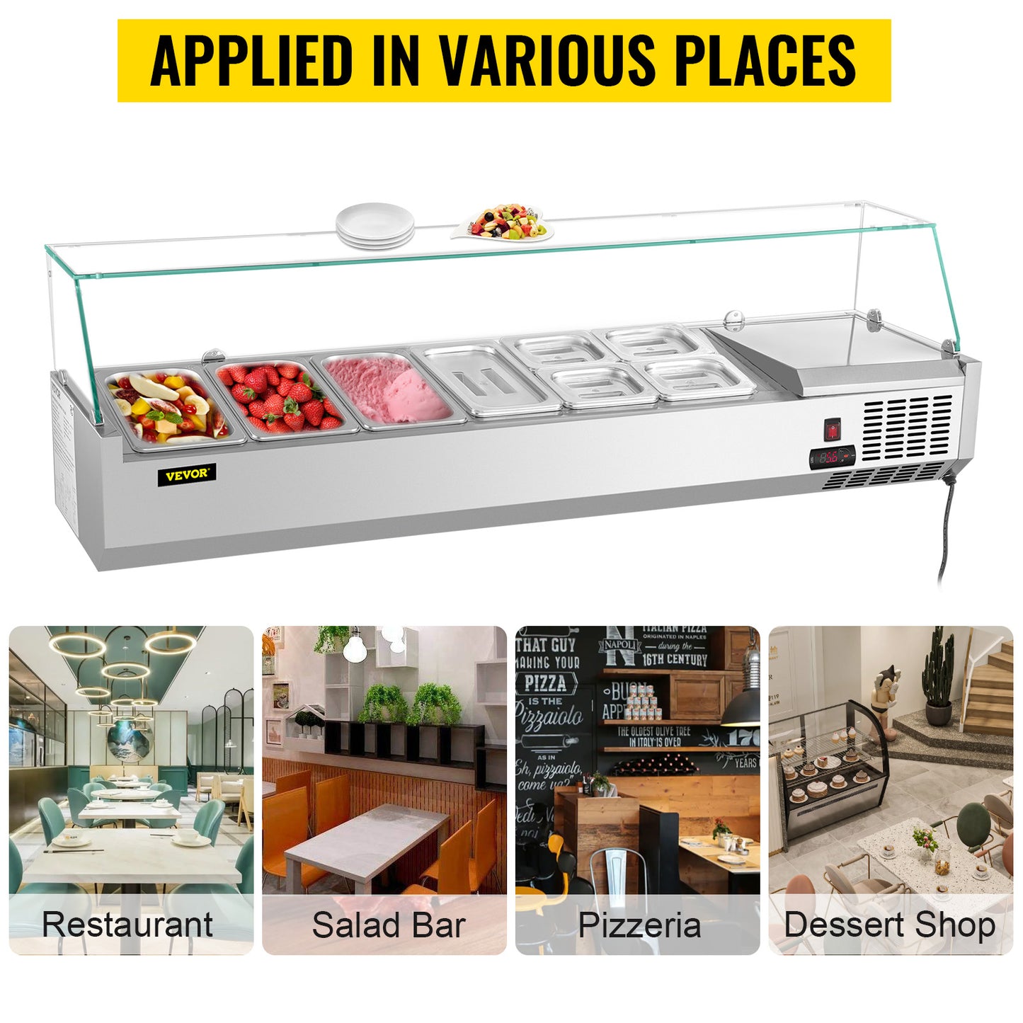 VEVOR 40/60" Auto Defr Refrigerated Condiment Prep Station Temp Display Sandwich Salad Prep Table