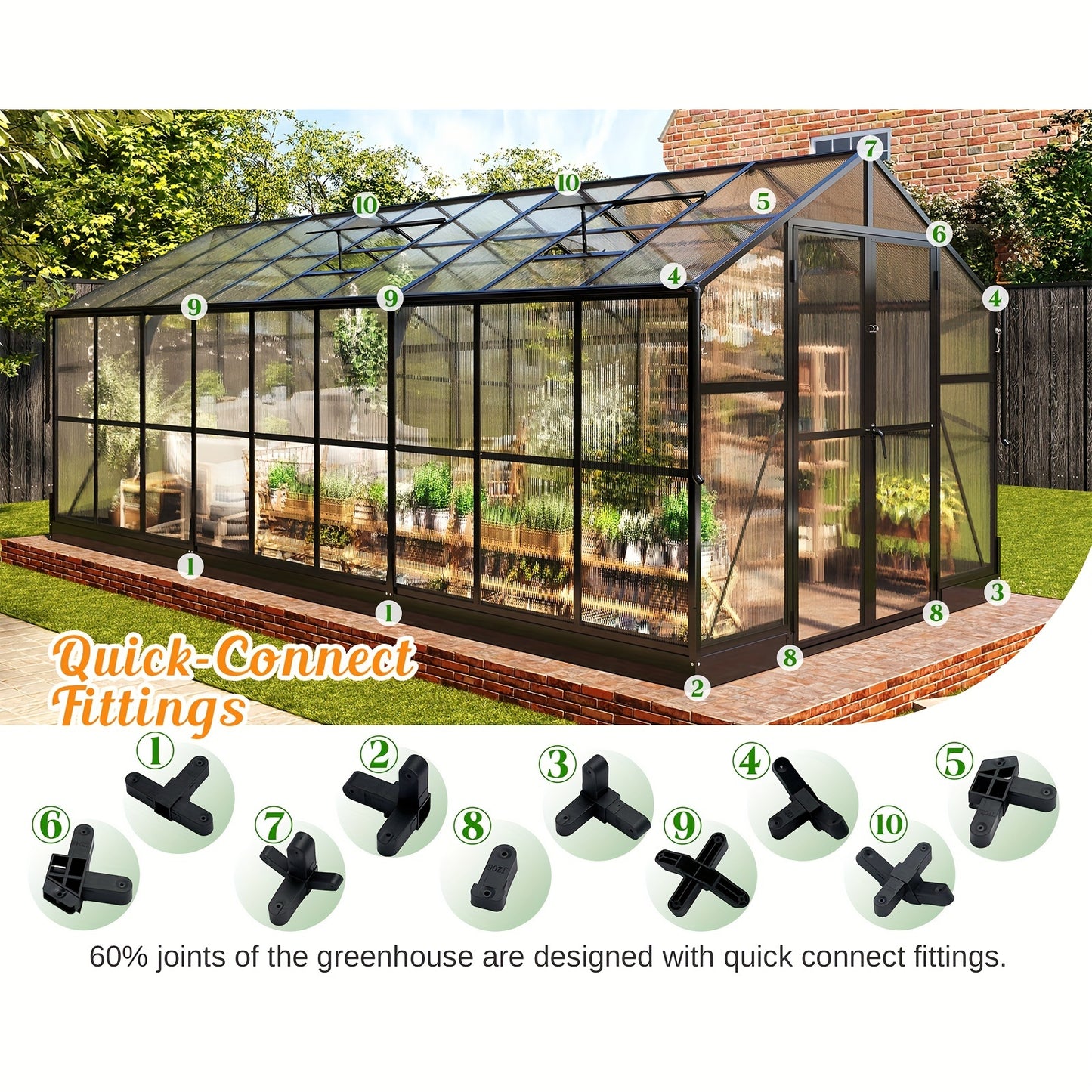 Premium 8x18FT Polycarbonate Greenhouse/Quick-Connect, Aluminum Construction/2 Swing Doors