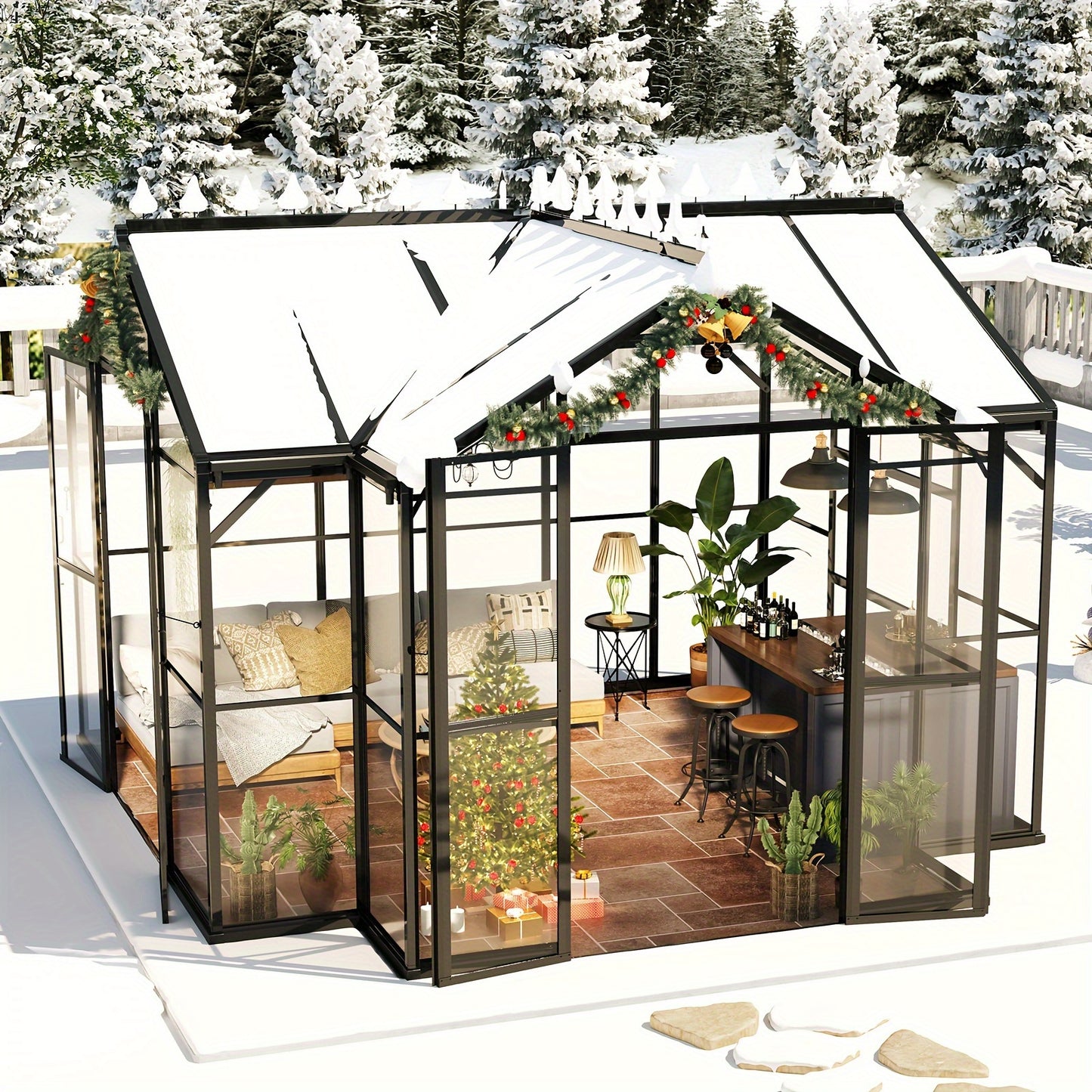 PAPABABE Greenhouse 12x10x8ft Aluminum Frame/Quick-Connect/2 Hinged Doors/Vents, Garden Houses