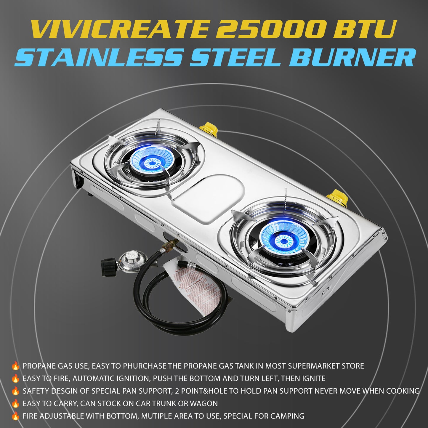 Vivicreate 25000 BTU 2 burner stainless steel panel auto ignition Camping Propane Gas Outdoor