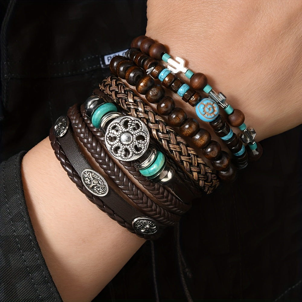 12/32/48pcs Bohemian Vintage Western Pu Leather & Turquoise Beaded Bracelet Set, Faux Leather Bangle
