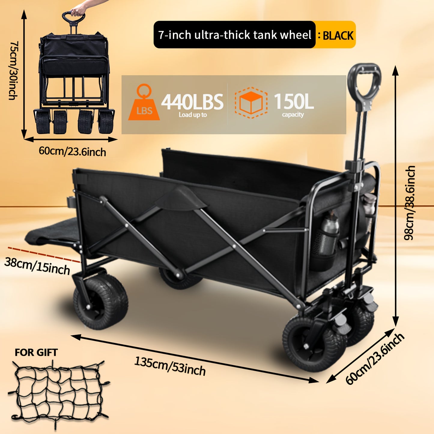 Extra Large Foldable Garden Cart Wagon - 180° Adjustable Pushrod, 360° All-Terrain Wheels