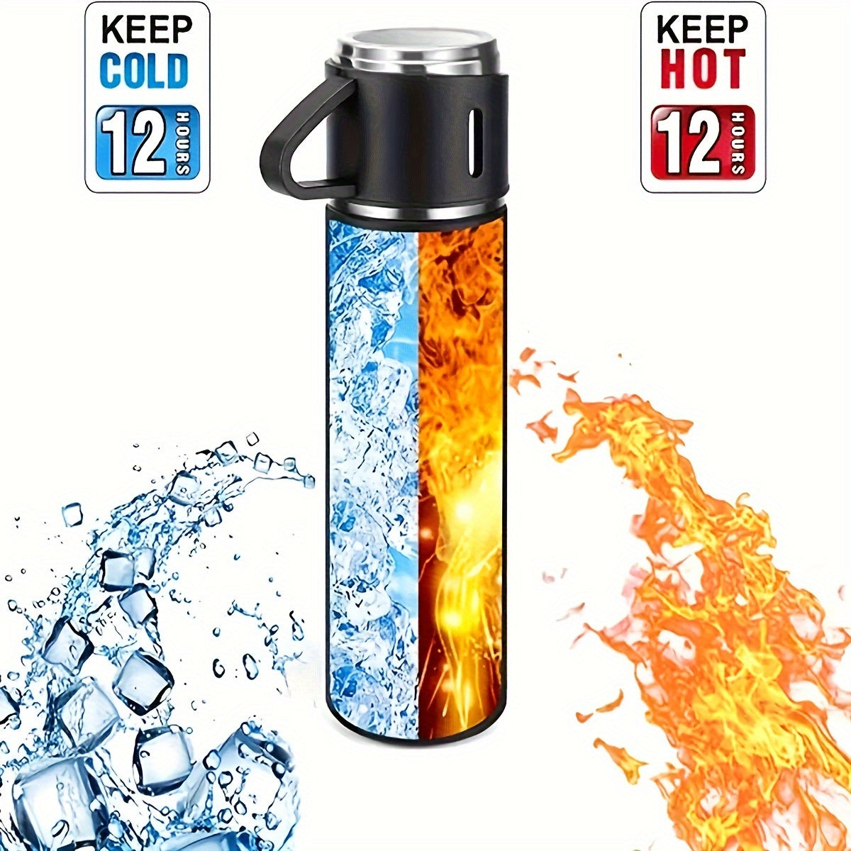 4pcs Stainless Steel Insulated Water Bottle Gift Set - Large 500ml/16.9oz w/3 Small Cups +1 Bottle