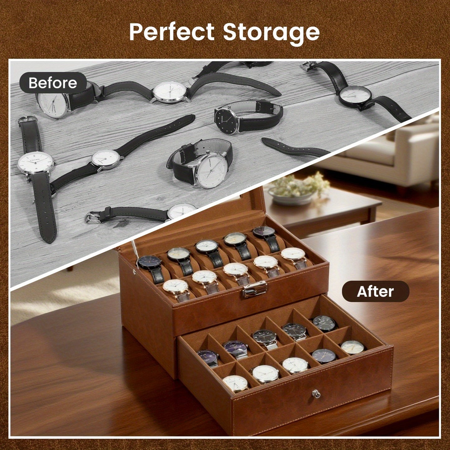 20-grid Double-layer Watch Box, Brown, Black, Gray Pillows, Solid Glass Cover,Collection And Display