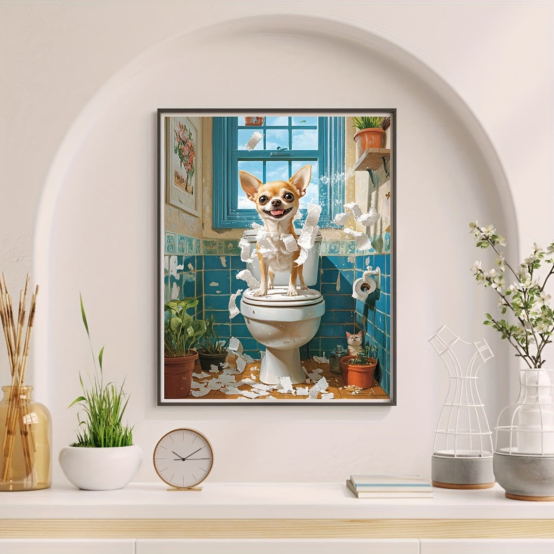 Happy Chihuahua on Toilet: 12X16 Inch NOT Framed Art Print - A Whimsical Take on a Classic Scene