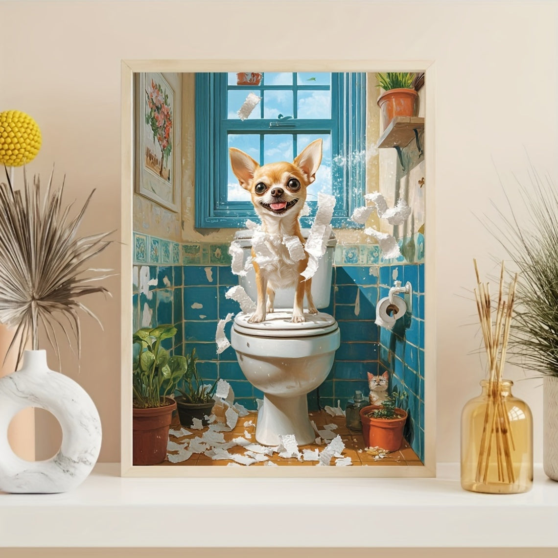 Happy Chihuahua on Toilet: 12X16 Inch NOT Framed Art Print - A Whimsical Take on a Classic Scene