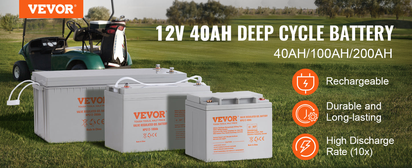 VEVOR Deep Cycle Battery 12V 40/100/200 AH AGM Marine Rechargeable 400A/800A/1400A Discharge Current