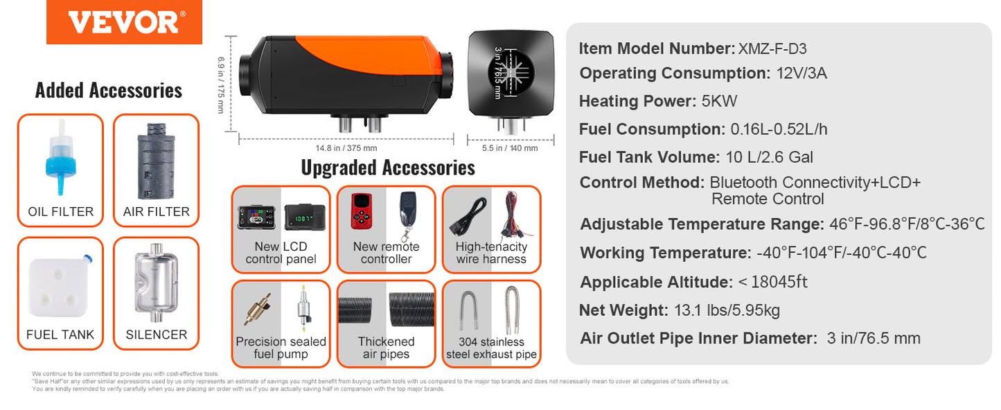 VEVOR 2/5/8KW Car Heater Diesel Air Heater 12V W/Silencer Remote Control Air Diesel Parking Heater