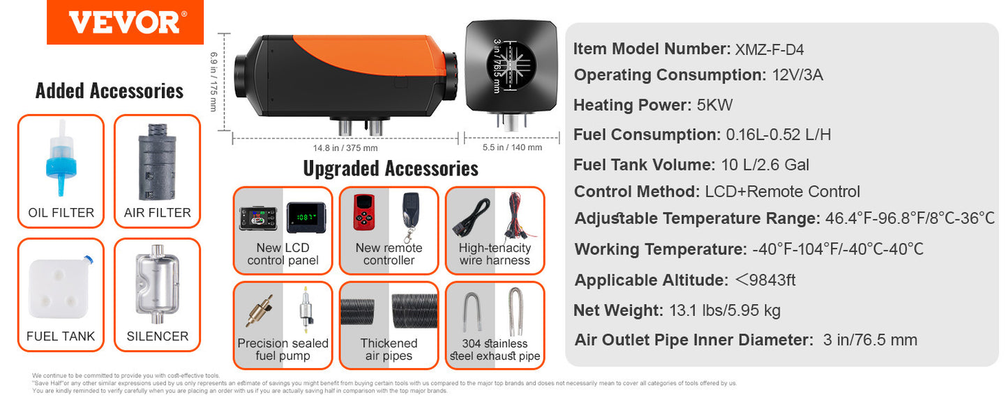 VEVOR 2/5/8KW Car Heater Diesel Air Heater 12V W/Silencer Remote Control Air Diesel Parking Heater