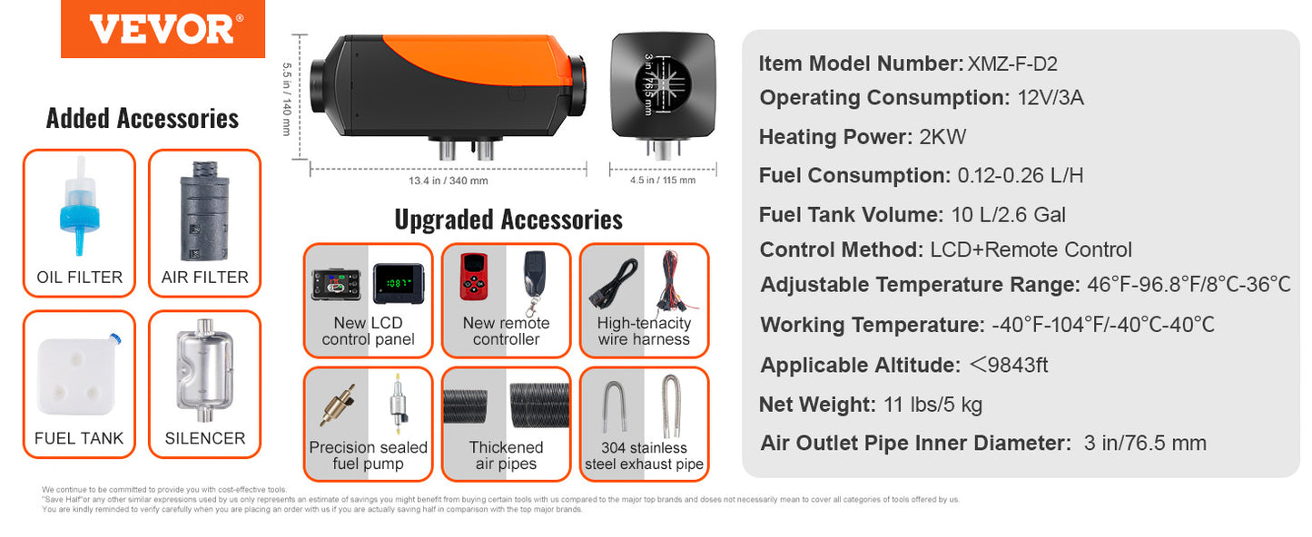 VEVOR 2/5/8KW Car Heater Diesel Air Heater 12V W/Silencer Remote Control Air Diesel Parking Heater