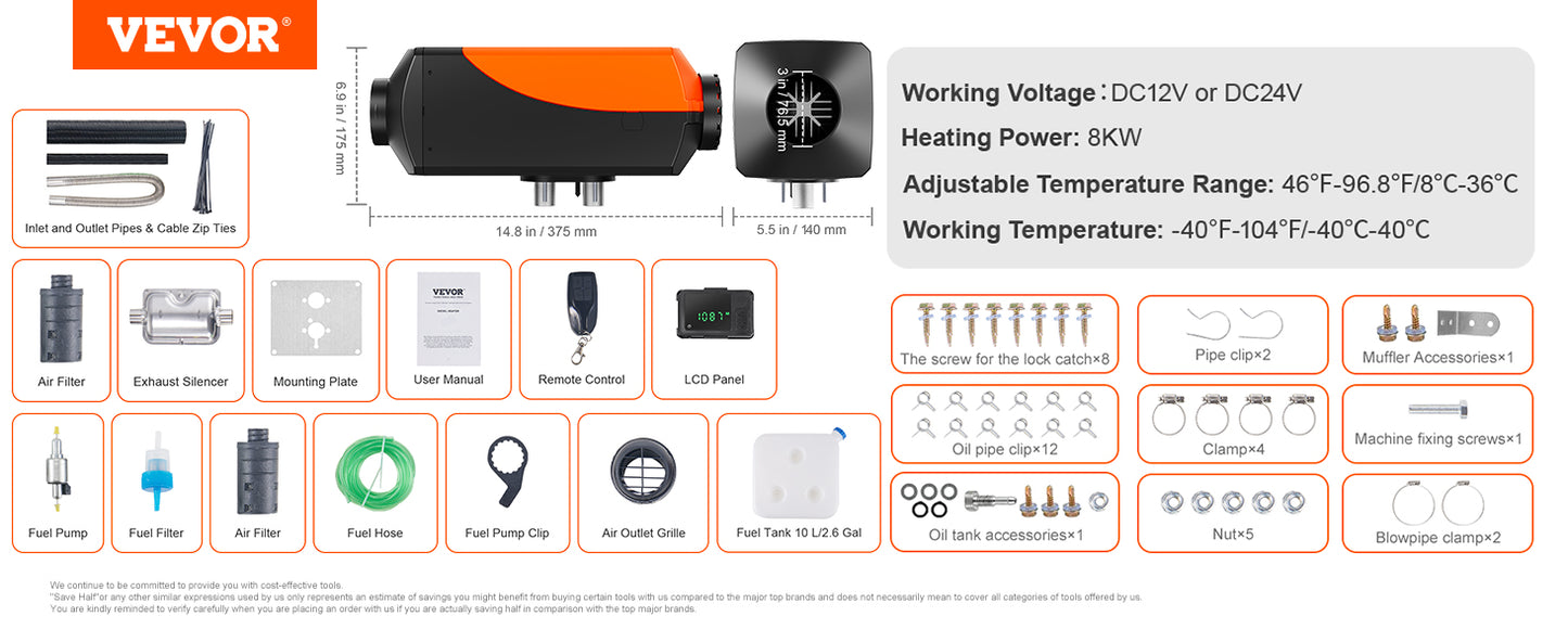 VEVOR 2/5/8KW Car Heater Diesel Air Heater 12V W/Silencer Remote Control Air Diesel Parking Heater