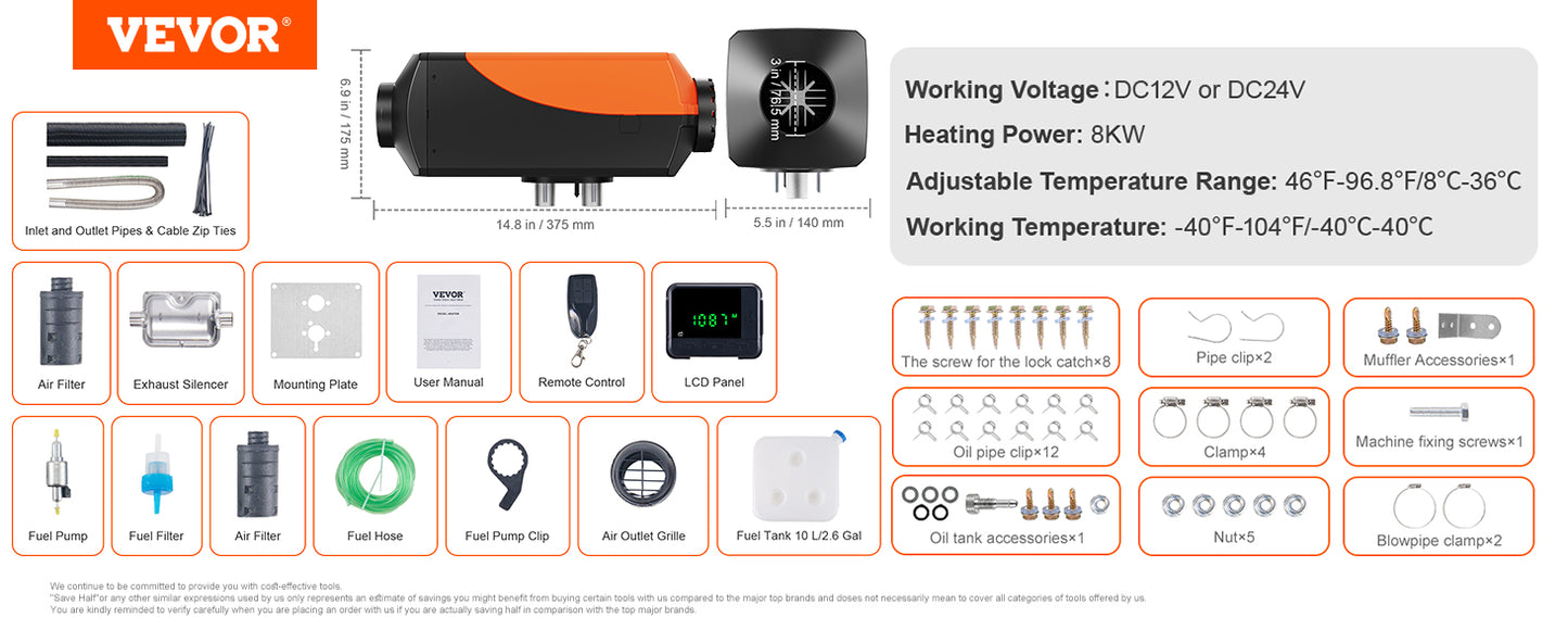 VEVOR 2/5/8KW Car Heater Diesel Air Heater 12V W/Silencer Remote Control Air Diesel Parking Heater