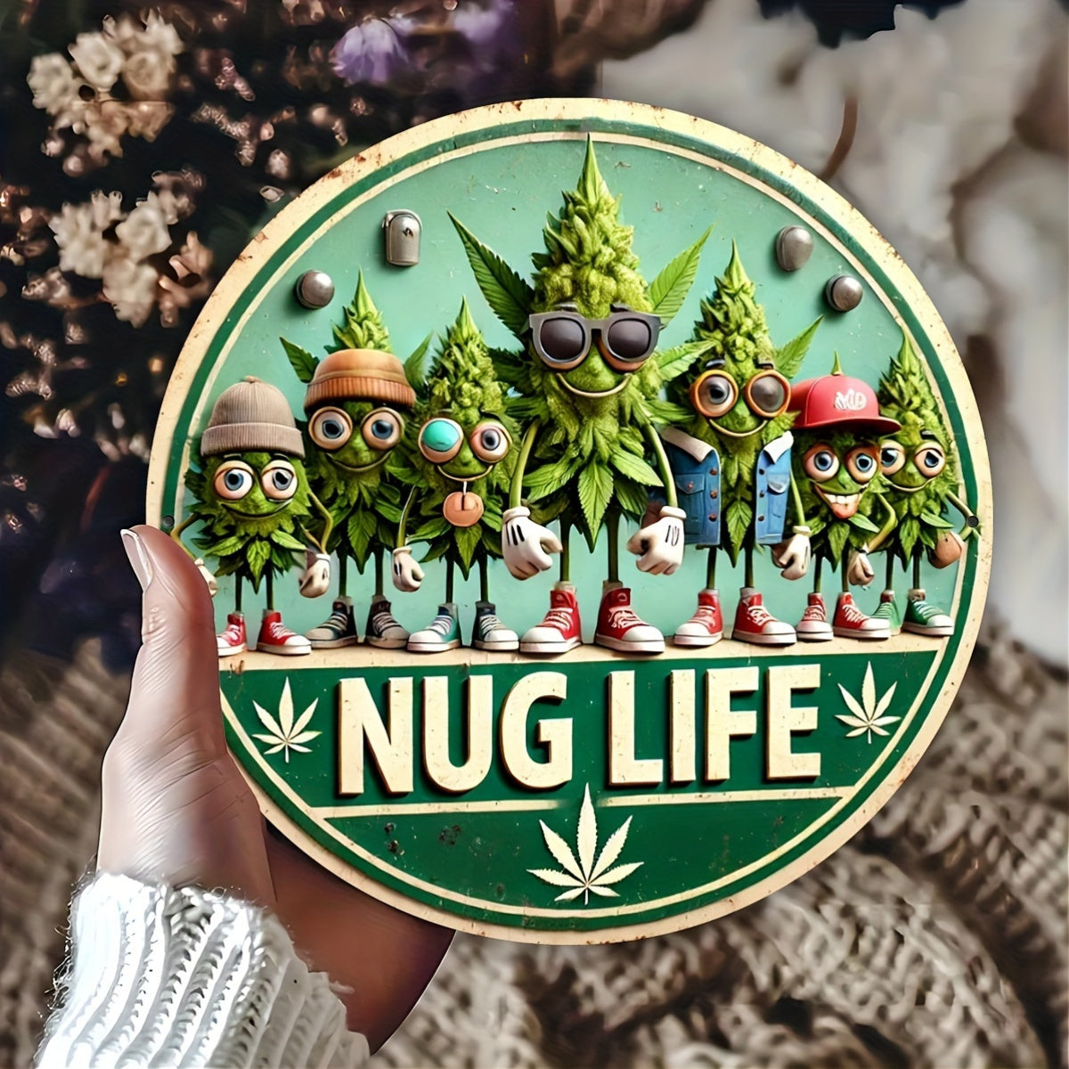 1pc Vintage Style Metal Aluminum Wall Art Sign - 8x8 Inch NUG LIFE Cannabis-Themed