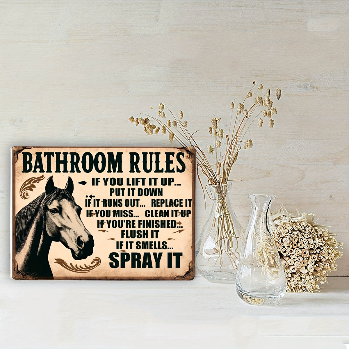 Vintage Horse Illustration Bathroom Rules Metal Tin Signage 1 Set, 8x12 Inch Humorous Toilet Decor