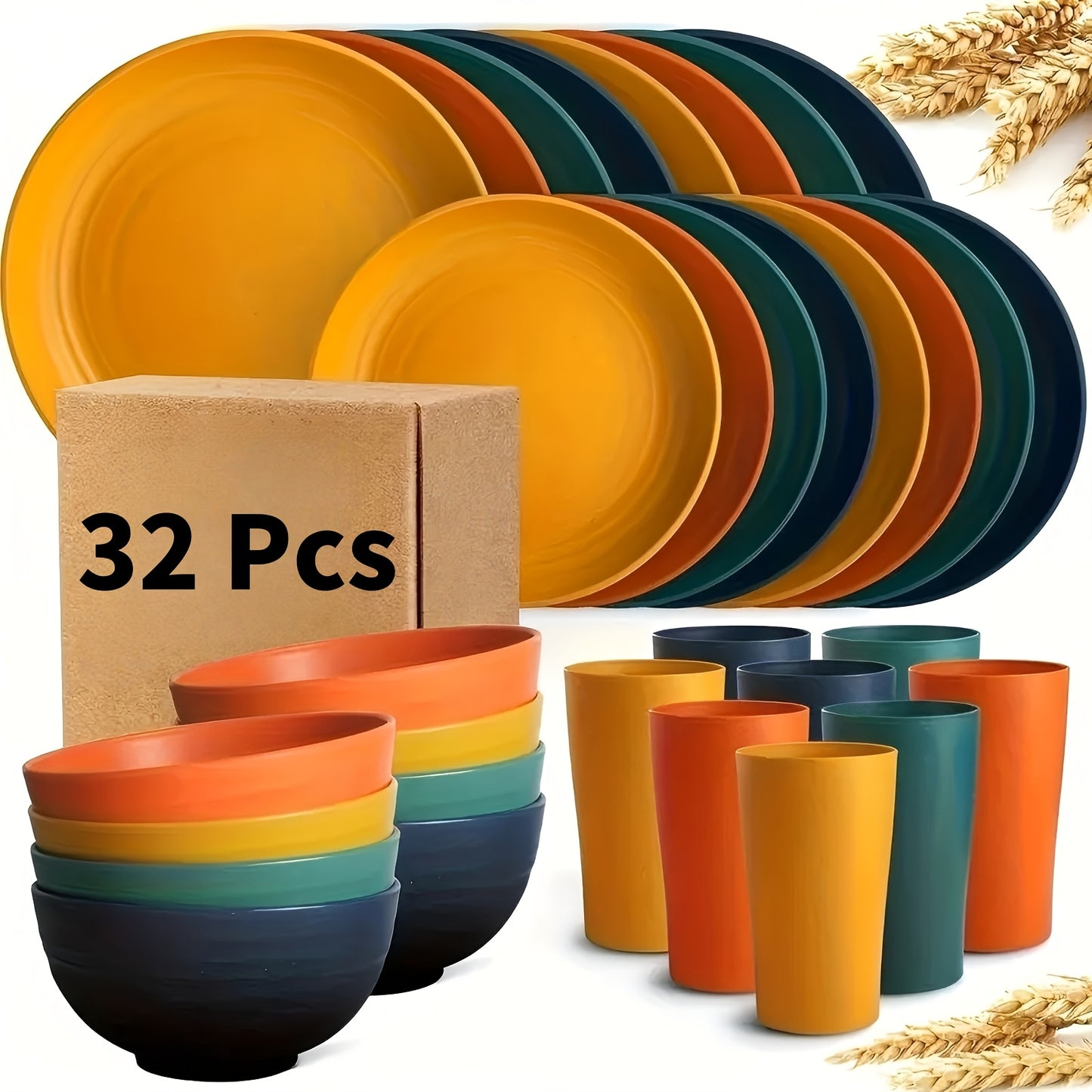 16/17/32pcs Kitchen Dinnerware Set Made from Wheat Straw, 4 Or 8 People. Unbreakable Modern Dishes