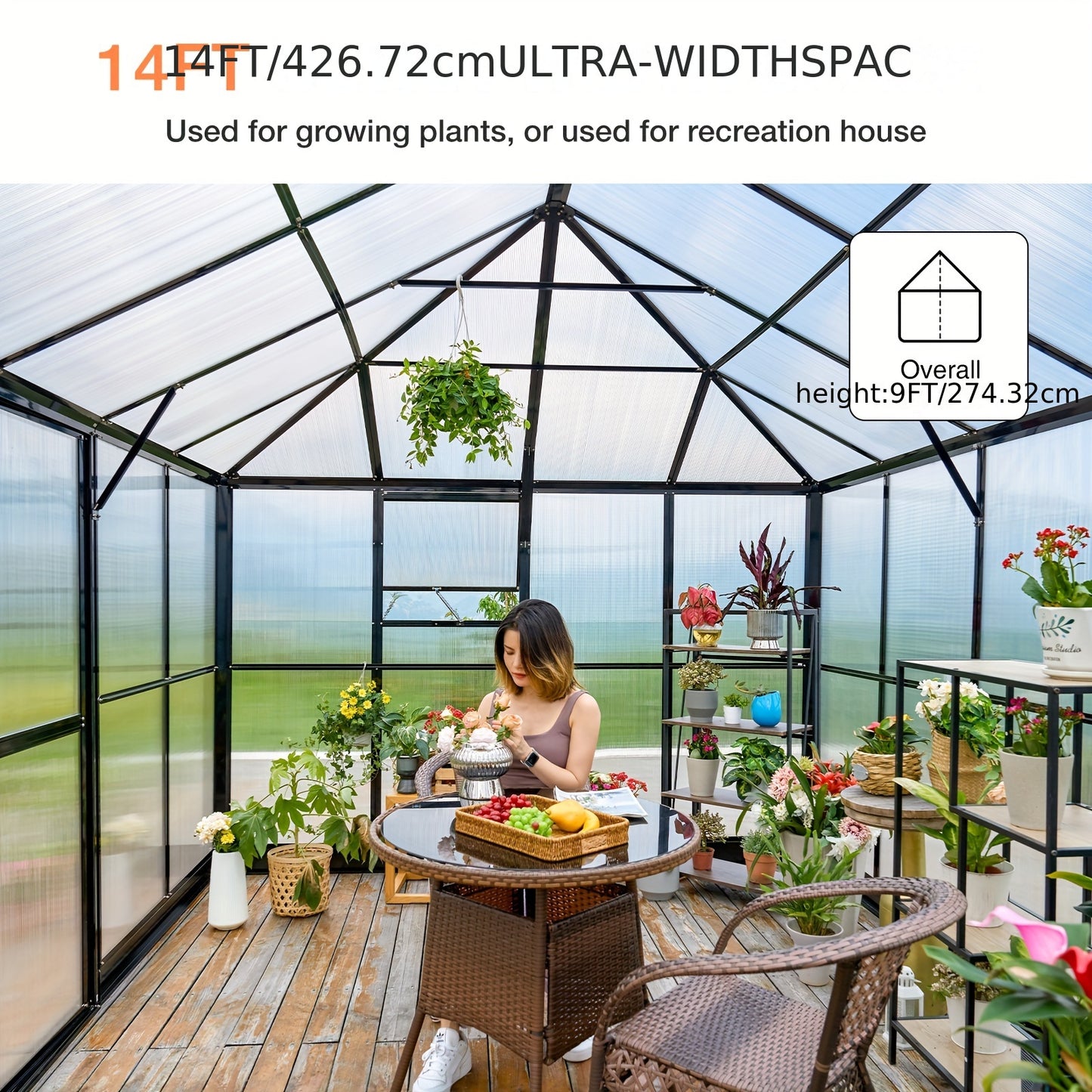Aluminum Greenhouse Polycarbonate, 2 Vents, Double Swing Doors, 6FT Wall Height Extension