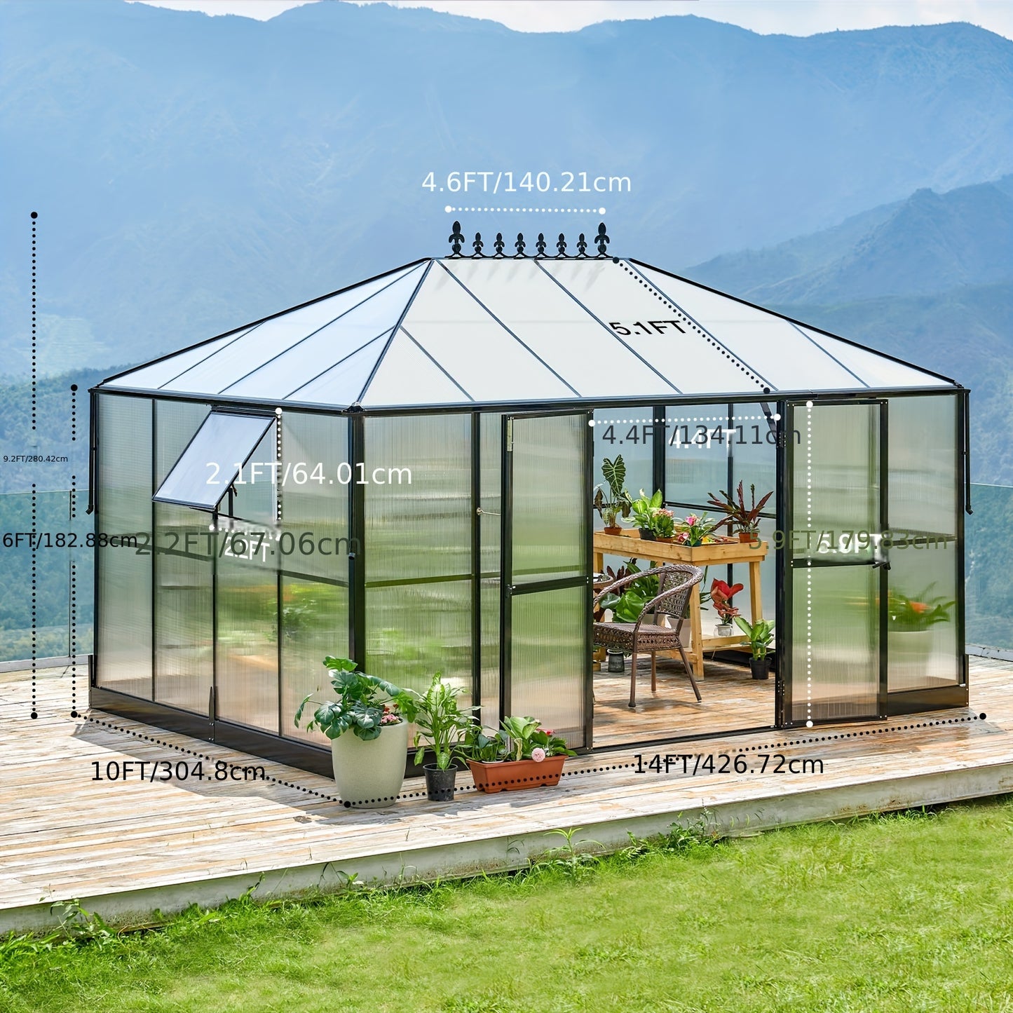 Aluminum Greenhouse Polycarbonate, 2 Vents, Double Swing Doors, 6FT Wall Height Extension