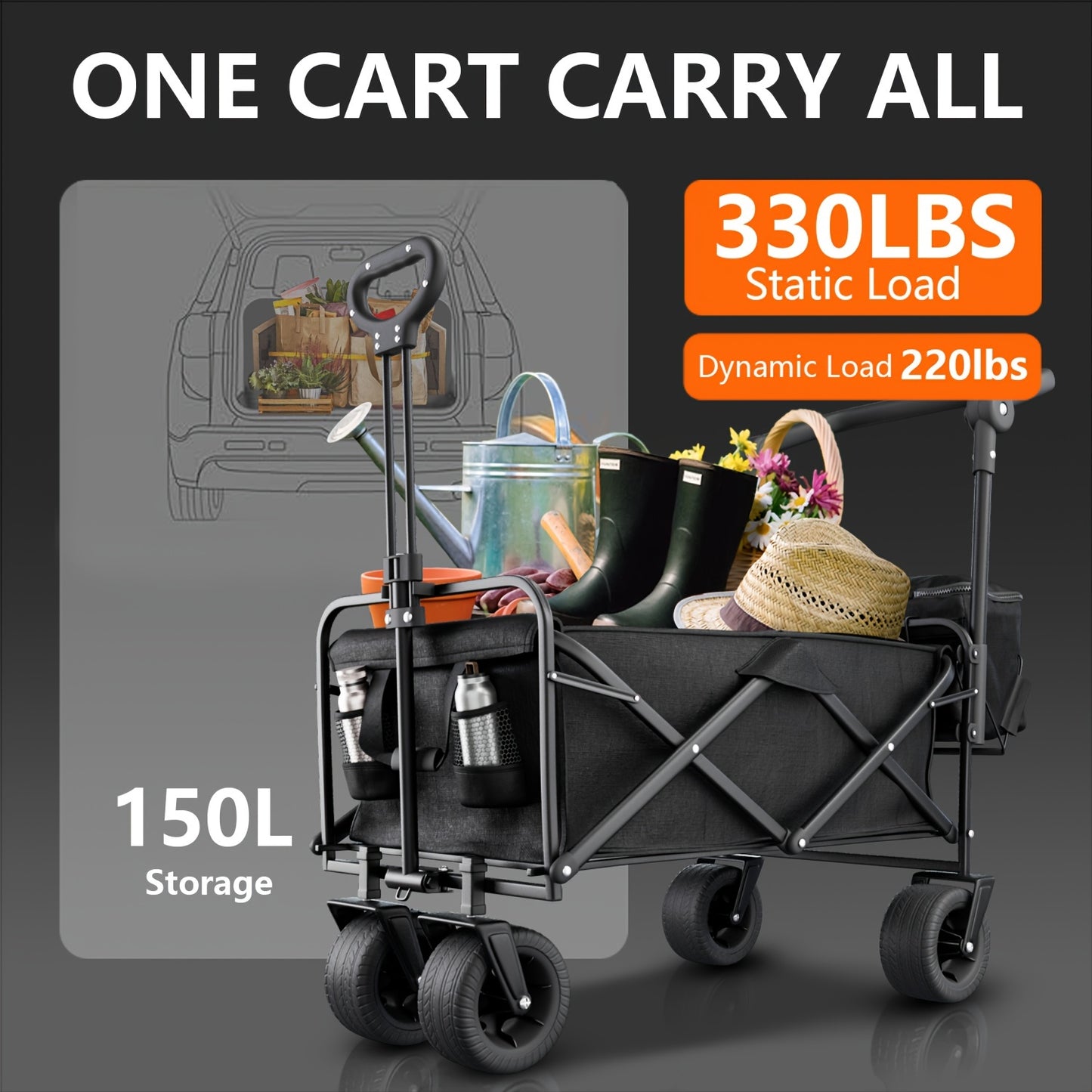 Extra Large Foldable Garden Cart Wagon - 180° Adjustable Pushrod, 360° All-Terrain Wheels