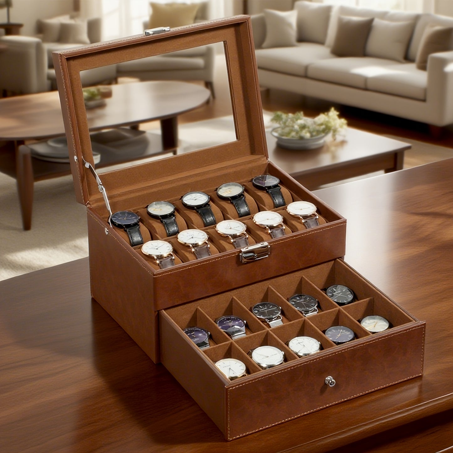 20-grid Double-layer Watch Box, Brown, Black, Gray Pillows, Solid Glass Cover,Collection And Display