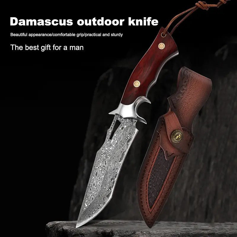 1pc Hand-Forged Damascus Fixed Blade | Wooden Handle, Leather Sheath, Flat Edge, 13" Blade, 15"