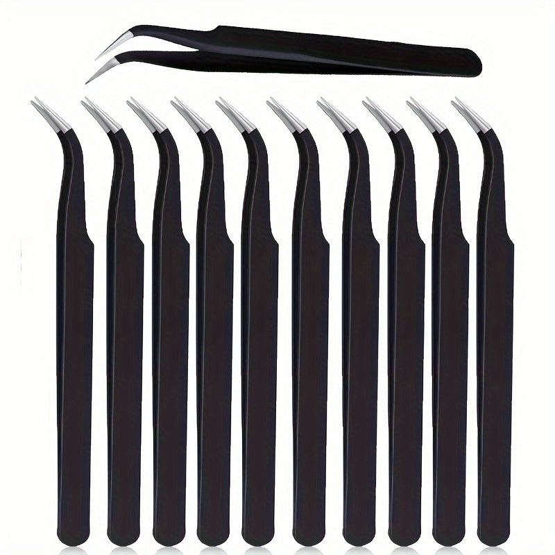 Set of 5 Black Metal Precision Tweezers with Curved Tips, Ideal for Crafting And Handiwork