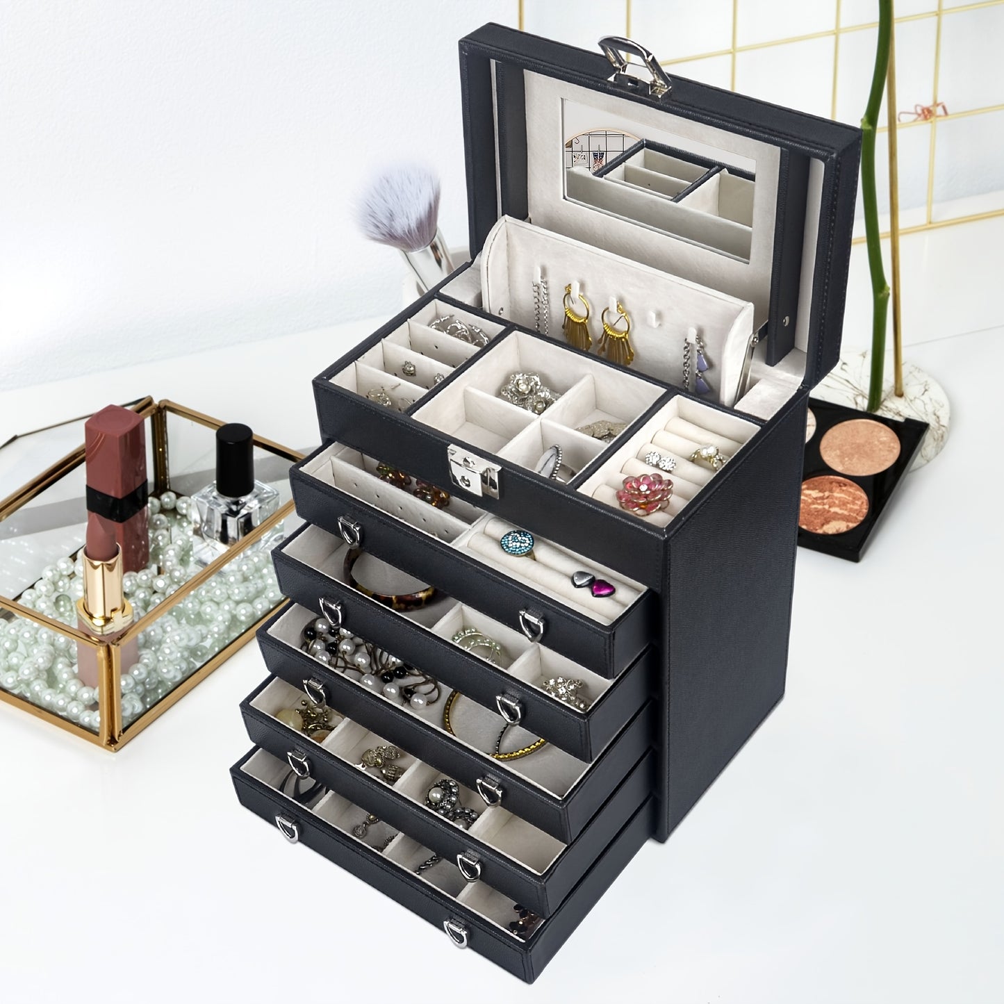 6-Layer Large Leather Jewelry Box for Women, Jewelry Organizer Box w/Mirror LJC09BK